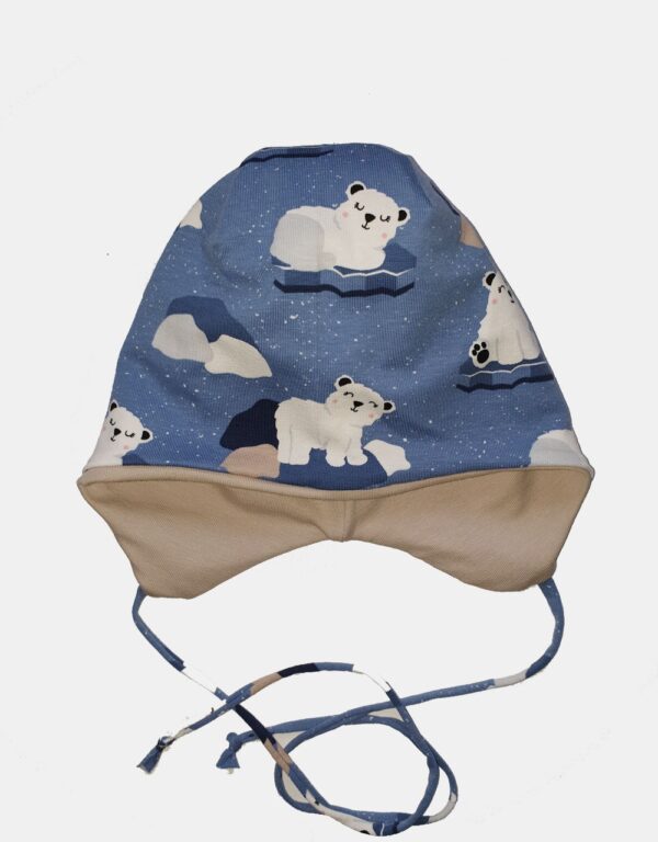Kindermütze blau mit Eisbär auf Eisscholle Kindermütze blau mit Eisbär auf Eisscholle