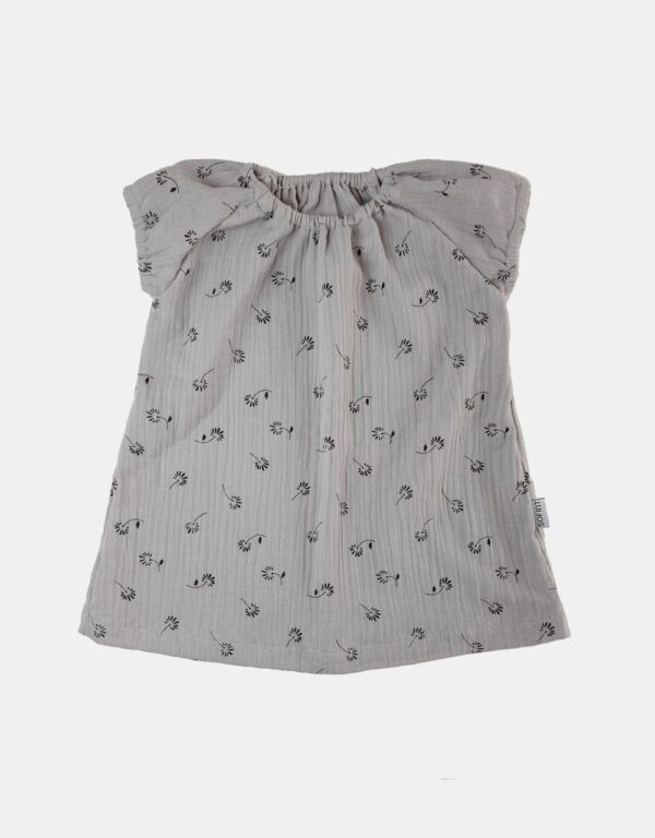 Kurzarm-Kleid Musselin hellgrau mit Blume, Gr. 80 Kurzarm-Kleid Musselin hellgrau mit Blume, Gr. 80
