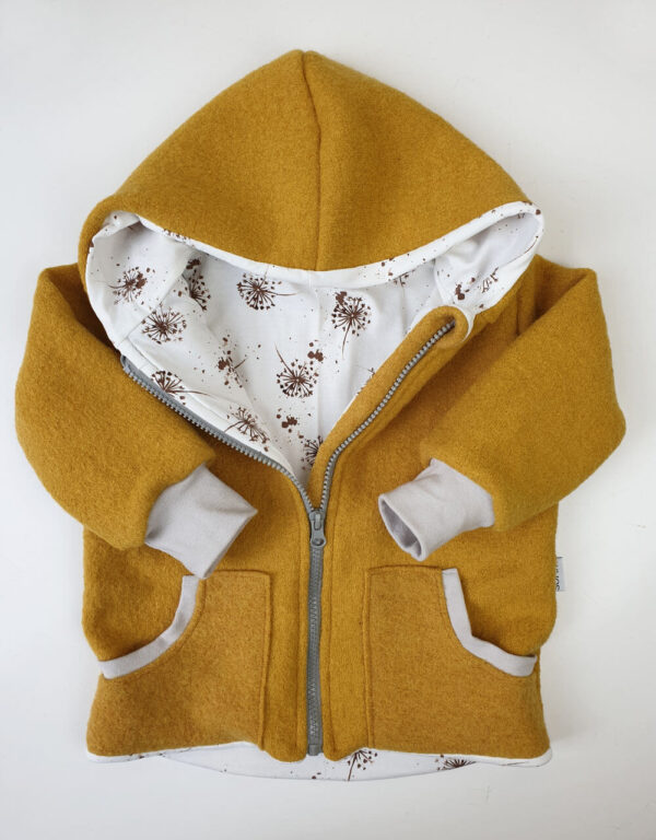 Walkjacke senf-gelb, weiß mit Pusteblume Walkjacke senf-gelb, weiß mit Pusteblume