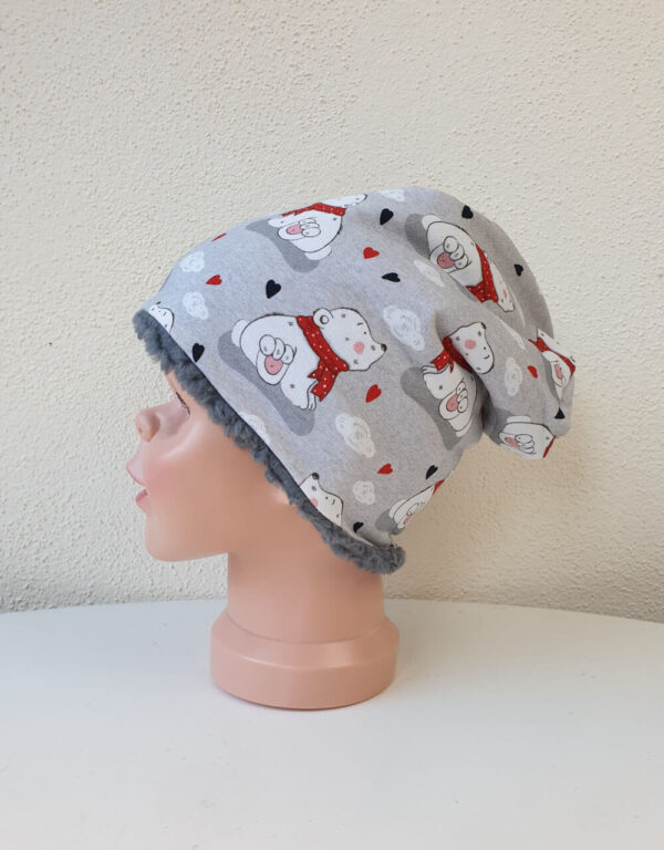 Beanie / Mütze French Terry hellgrau Eisbär mit Schal, Teddy-Stoff Beanie / Mütze French Terry hellgrau Eisbär mit Schal, Teddy-Stoff