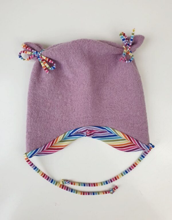 Ohrenmütze aus Walk rosa, Regenbogen-Streifen Ohrenmütze aus Walk rosa, Regenbogen-Streifen