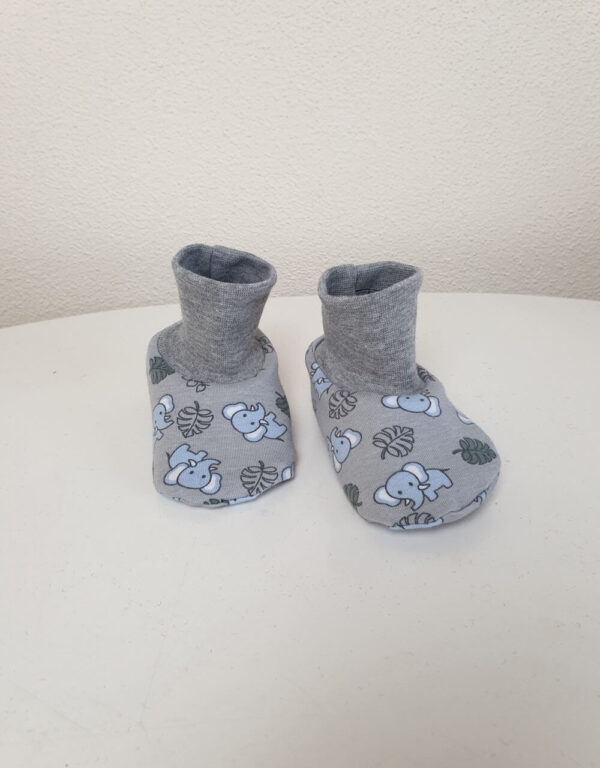 Baby-Schuhe Bio-Jersey blau-grau-grün mit Elefant, gefüttert mit Nicki oder Teddy Baby-Schuhe Bio-Jersey blau-grau-grün mit Elefant, gefüttert mit Nicki oder Teddy