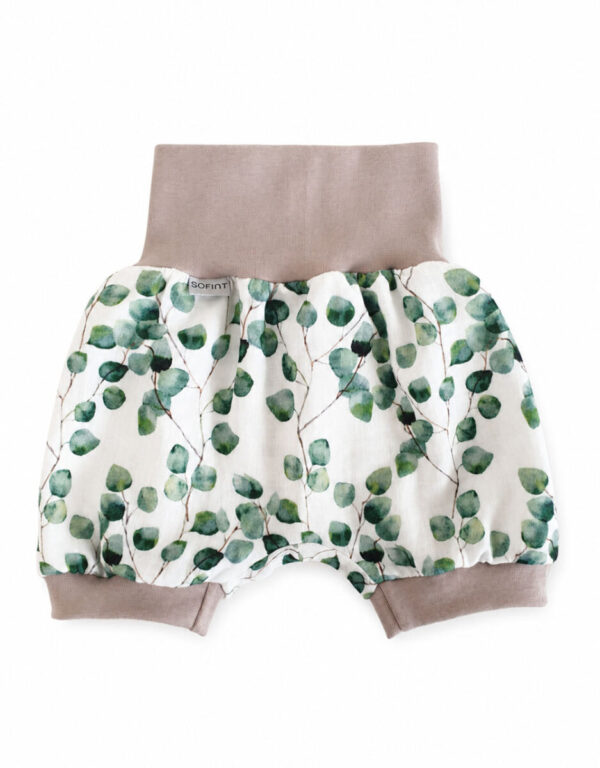 Kurze Hose aus Bio-Musselin weiß mit Eukalyptus Kurze Hose aus Bio-Musselin weiß mit Eukalyptus
