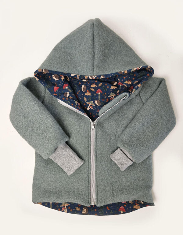 Walkjacke mintgrün, Jersey blau mit Igel und Pilz