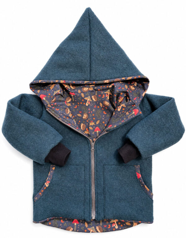 Walkjacke dunkelpetrol, Jersey blau mit Igel und Pilz
